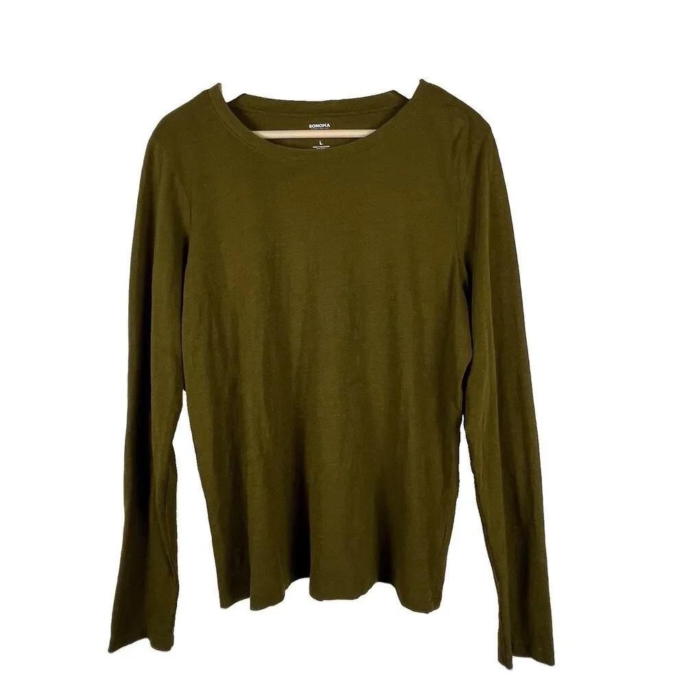 Sonoma Everyday Tee Women’s L Olive Green 100% Cotton Long Sleeve Knit Top